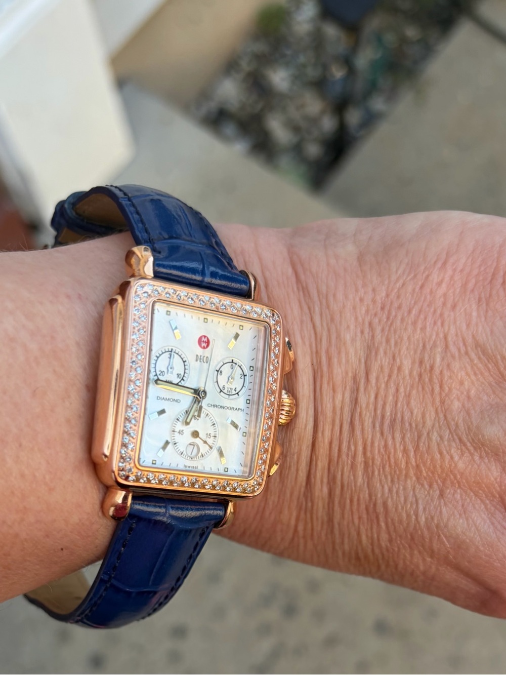 Michele Rose Gold Deco Blue Leather Strap